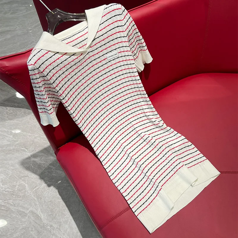 

Runway Luxury Summer Elegant Striped Knit Short Sleeve Mini Dress Fashion Women Sailor Collar Short Sleeve Knitted T-shirt