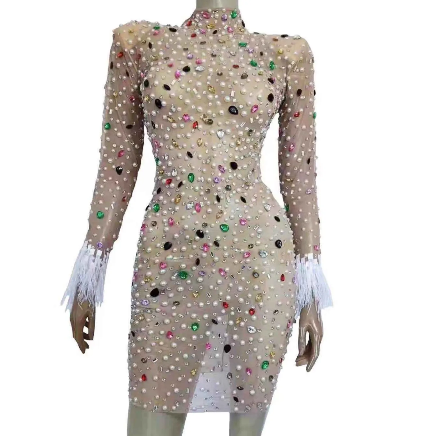 

Sparkly Colorful Rhinestones Fether Sleeves Short Dress Fashion Prom Gown Evening Sexy See Through Crystals Birthday Party Dress
