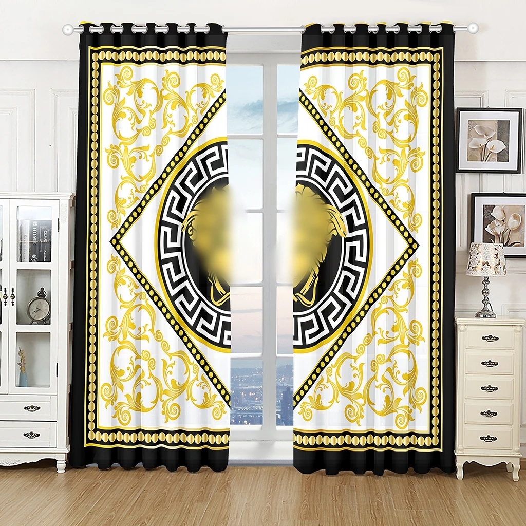 

Cheap Modern Luxury Brand Black Gold 2Pieces Polyester Darkening Shading Window Curtain for Living Room Bedroom Home Decor Hook