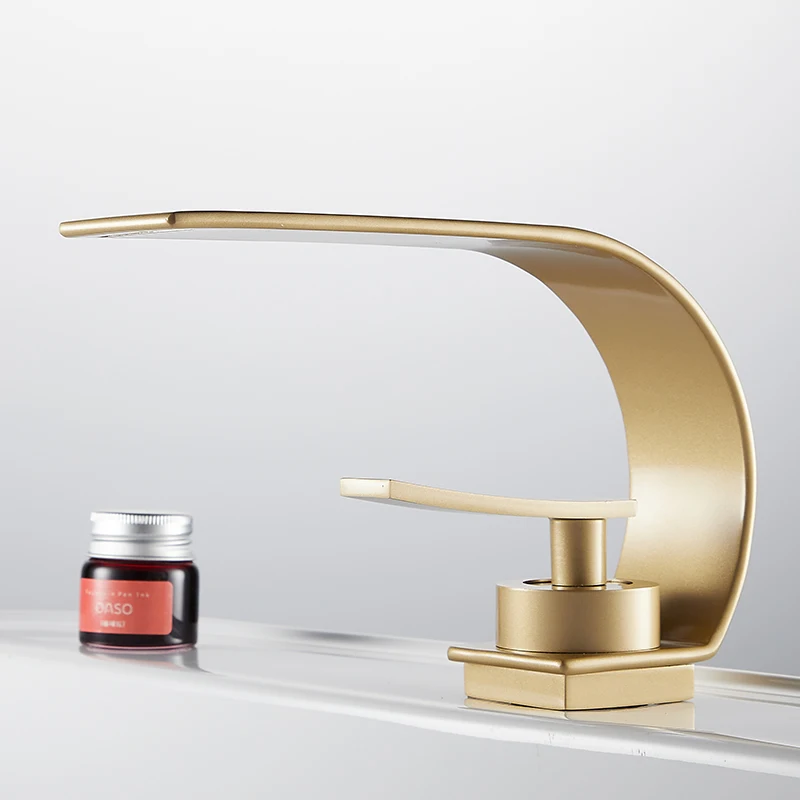 

Modern Commercial Hotel Widespread Deck Mounted Arc Waterfall Wash Basin Faucet Single Lever Brass Faucet