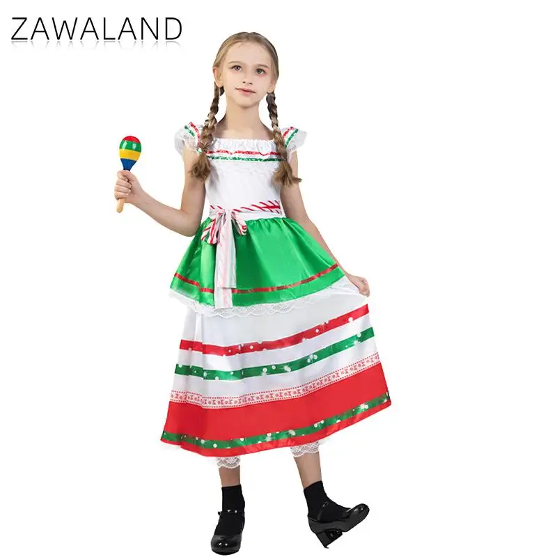 Фото Zawaland красочный мексиканский костюм для девочек, комплект Folklorico, танцевальное платье на Хэллоуин, мексиканское вечернее платье для косплея, наряд для выступления на сцене №2