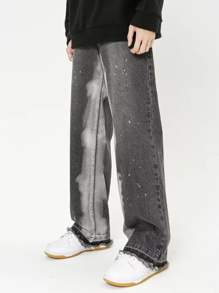 Fashionable Black Gray Tie Dye Loose Y2k Meen Jeans Korean Style Straight Pants Street Men's Casual Trousers Streetwear Men