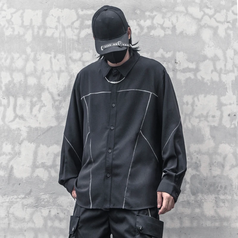 Japanese Dark Wind Loose Long Sleeve Shirt Men's Simple Open Line Outside Seam Design Long Sleeve Lapel Black Shirt