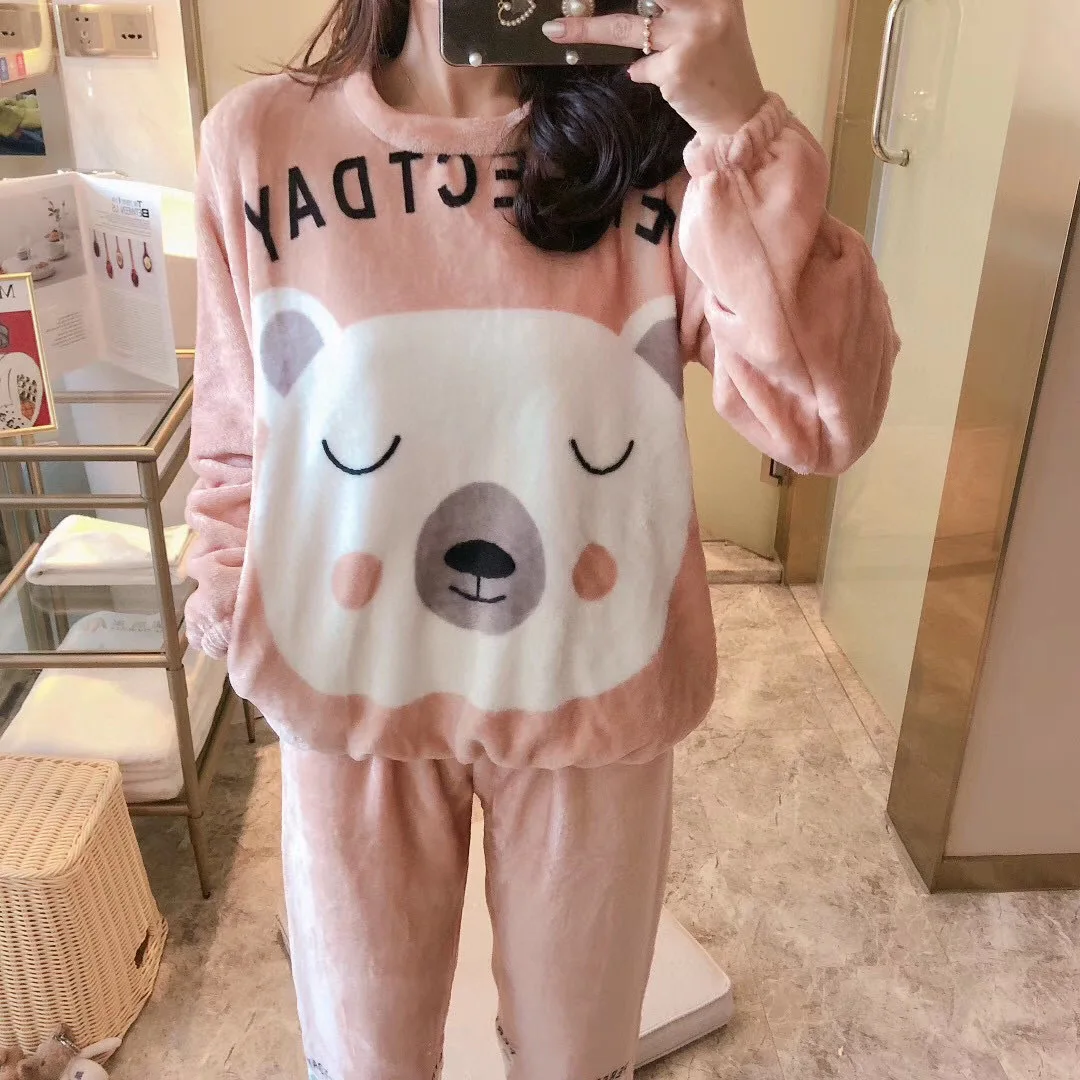 Autumn Winter Flannel Pajamas for Women Students Cute Plus Velvet Thickening Warm Sleepwear Cartoon Coral Velvet Home Clothes