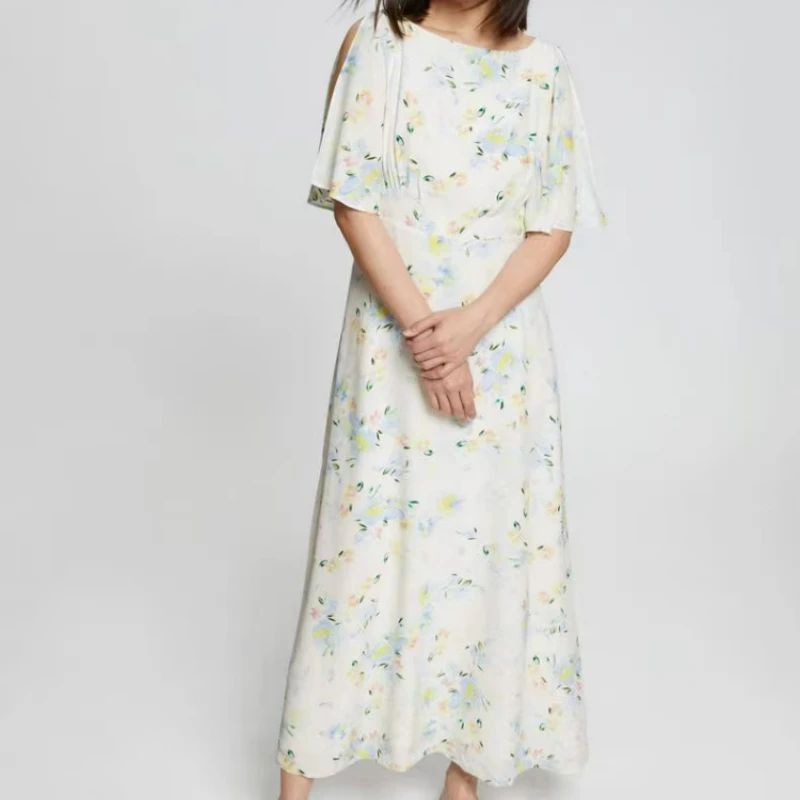 

2023 Spring and Summer New Flying Sleeve Long Printed Slit Women Dress