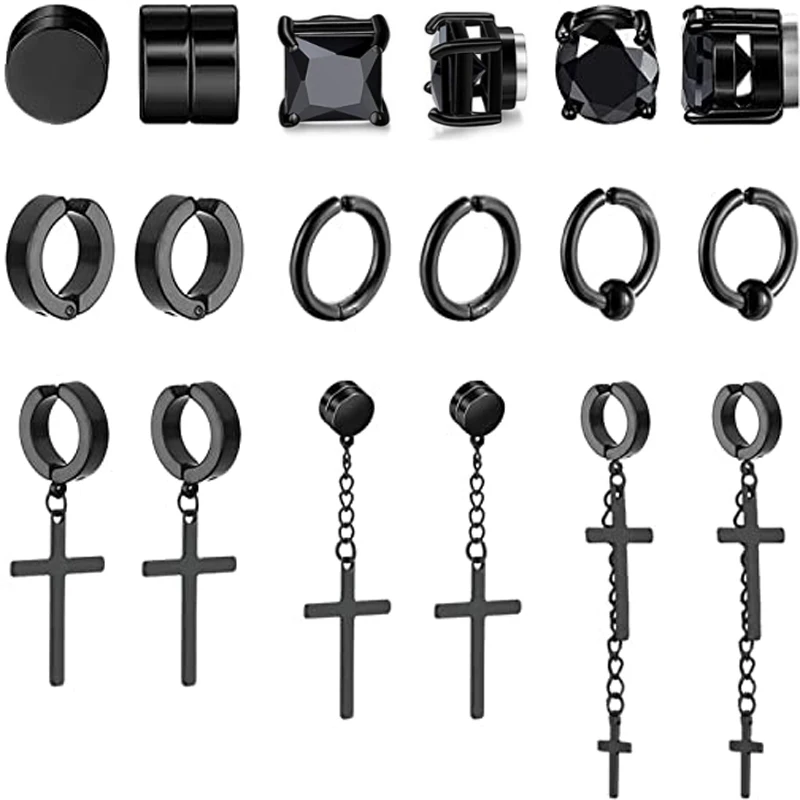 

Серьги-гвоздики мужские магнитные, Клипсы из нержавеющей стали, не пирсинг, кресты, унисекс, черные, 9 пар