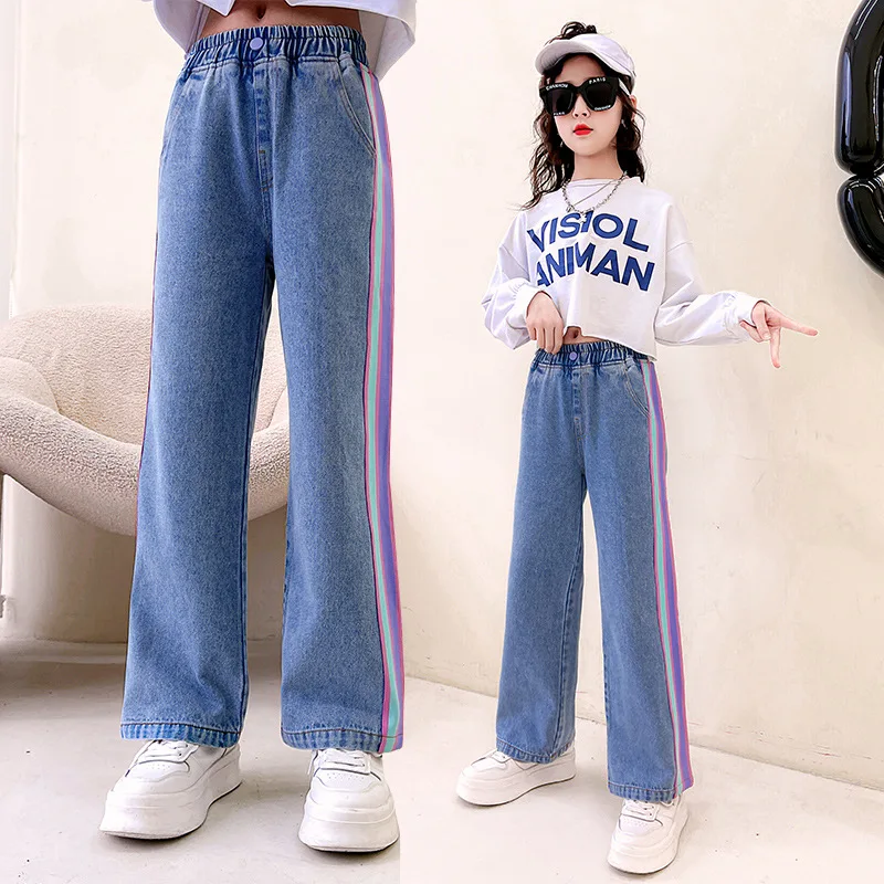 

Детские брюки, джинсы в полоску для девочек, новинка весны, корейские детские брюки, прямые джинсы для девочек, повседневные брюки