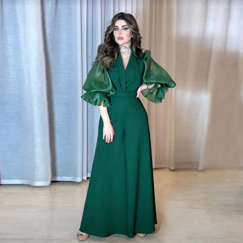 

Fashion women long mesh puff sleeves V neck sleeve jumpsuit solid color wide leg