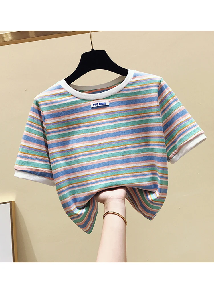 

Harteen Cotton Striped T Shirt Women Summer 2022 Short Sleeve Casual T-Shirts Female O Neck Korean Tshirt Tee Shirt Femme Tops