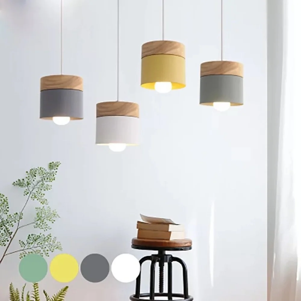 

Modern Wood Iron Pendant Lights Nordic Colorful Minimalist Living RoomCoffee Bedroom Led Indoor Decor Hanging Lamps E27