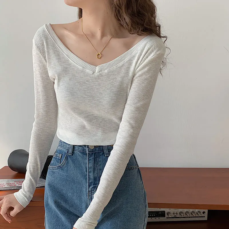 

Sexy V Neck Women T Shirt 2022 New Spring Autumn Long Sleeve Slim Female Top Casual Screw Thread Cotton Woman Tshirts