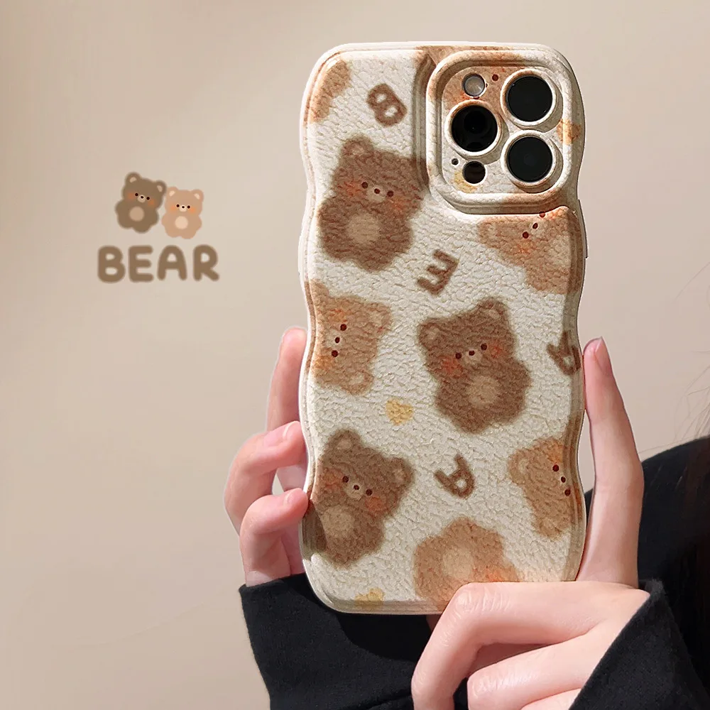 

Kawaii plush coffee bear art wave cartoon Phone case For iPhone 14 Pro Max 13 11 12 pro max 14 Plus case Cute ripple frame Cover