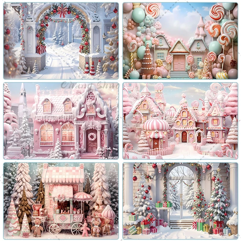 Новинка Fundo De Fotografia Natal Rosa Neve Inverno Loja Doces Pinheiro Fam Wee Bandeira Parede Cartaz