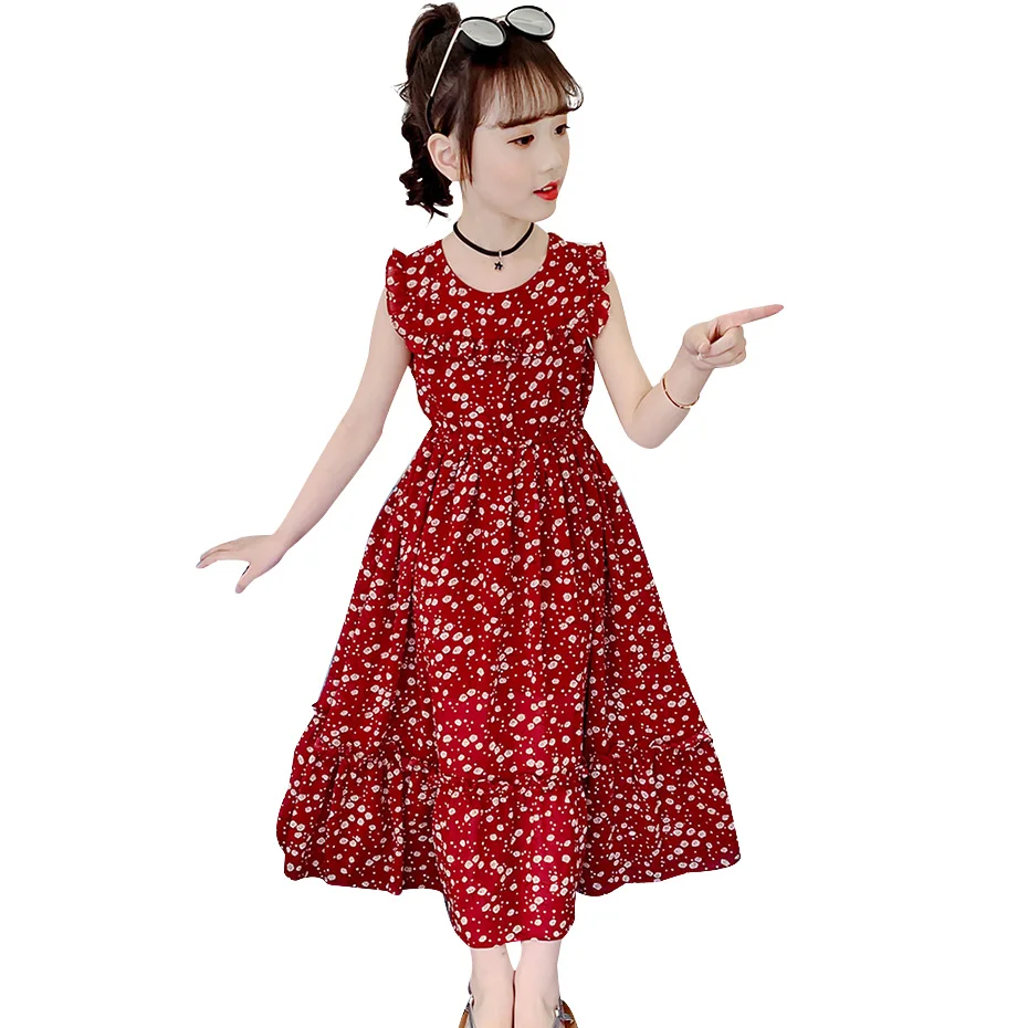 

Girls Summer Dress Floral Print Beach Dress For Girls Sleeveless O Neck Dress Kids Teenage Girls Clothes 6-14 Vestidos 원피스