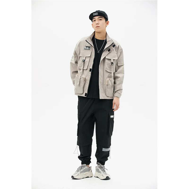 

Vintage Stand Collar Spring/Autumn Cargo jacket Men With Multiple Pockets Boys Baseball Coat Safari Jacket