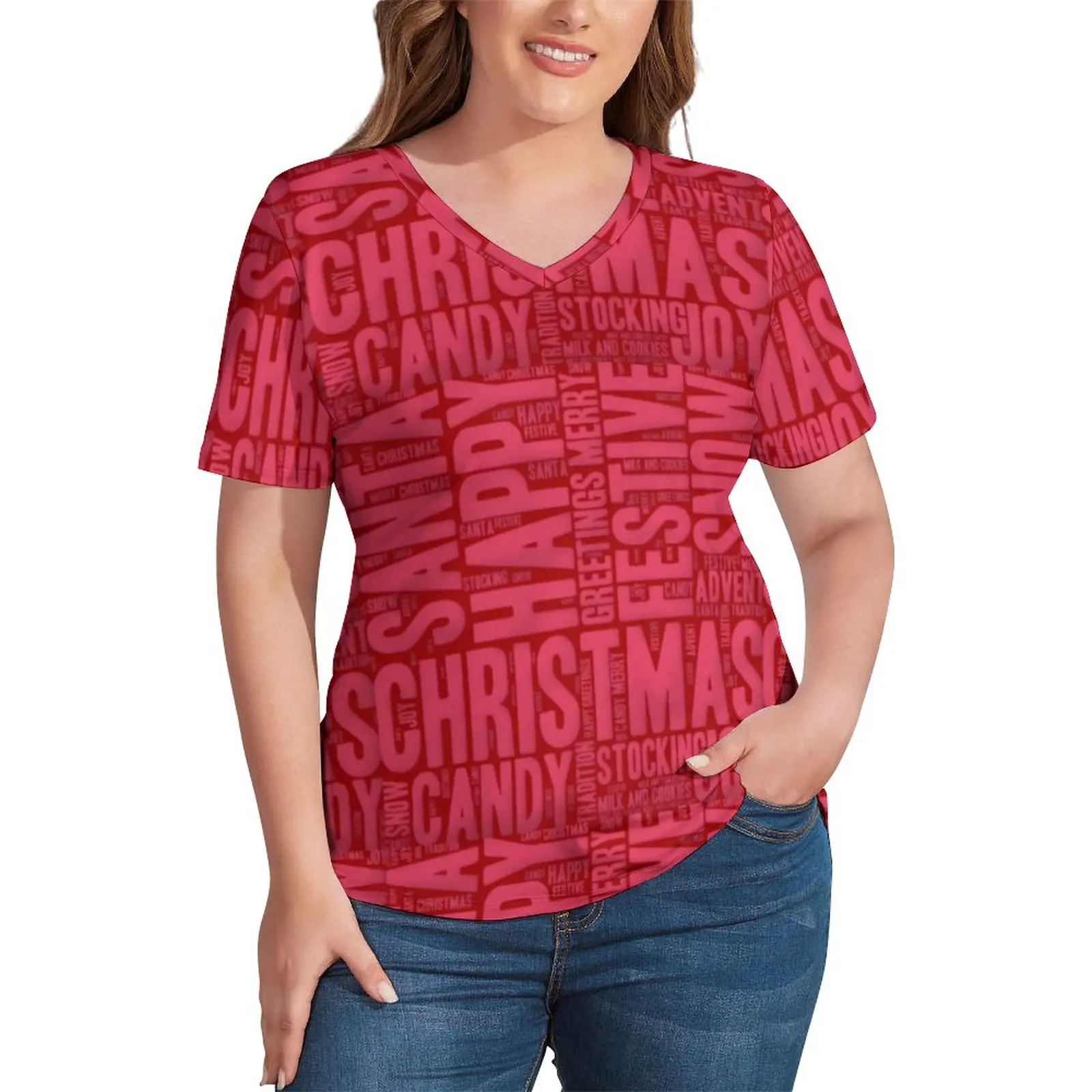 

Christmas Word Art T-Shirt Plus Size Red and Pink Cool T Shirts Short Sleeve V Neck Street Fashion Tees Summer Graphic Clothing