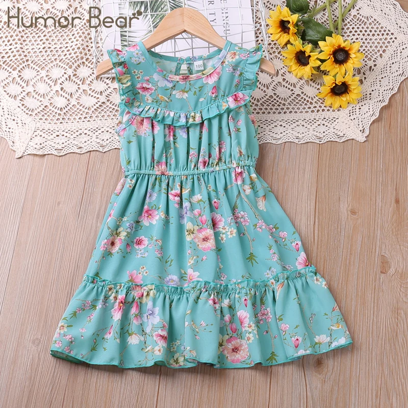 

Humor Bear Girls Dress New Summer Sleeveless Floral Printed Sweet Princess Dress Toddler Ruffle Children Clothes For 2-6Y