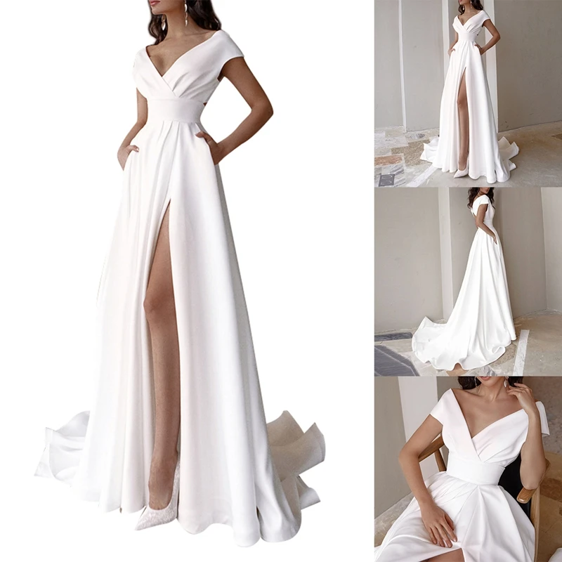 

V-Neck Wedding Dress Fashion Short Sleeve Train Slit A-Line Bridal Gown With Pockets