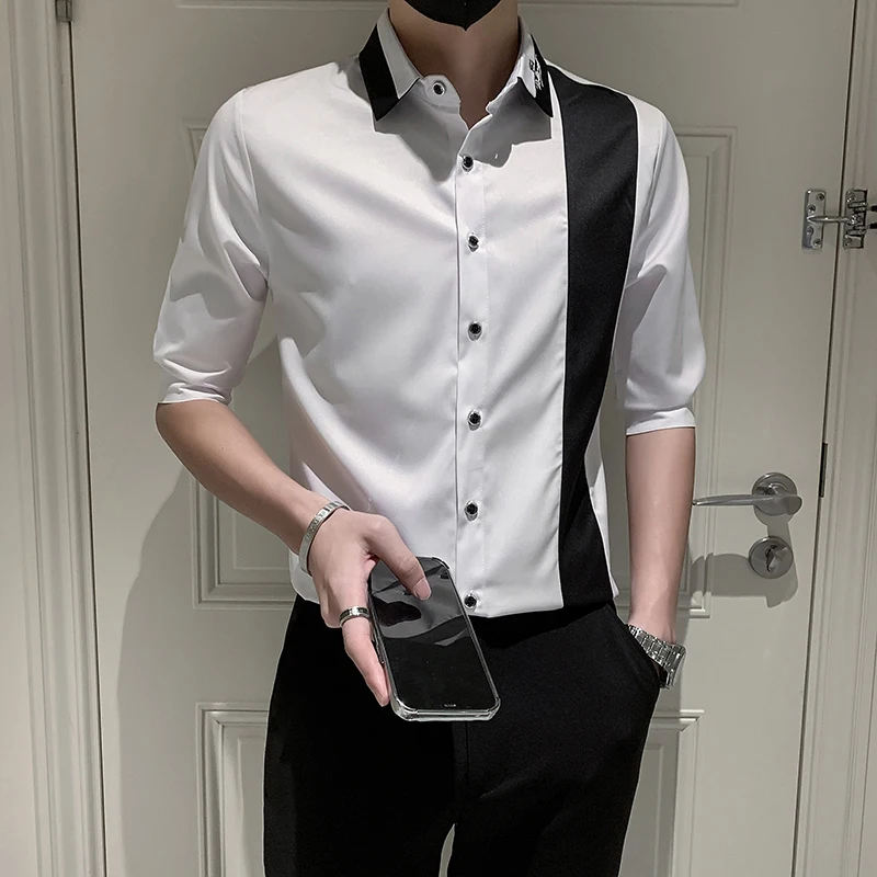 

Fashion Patchwork Color Half Sleeve Men Casual Shirts Dress Streetwear Spring Summer New Slim Fit Club Tuxedo Camisas De Hombre