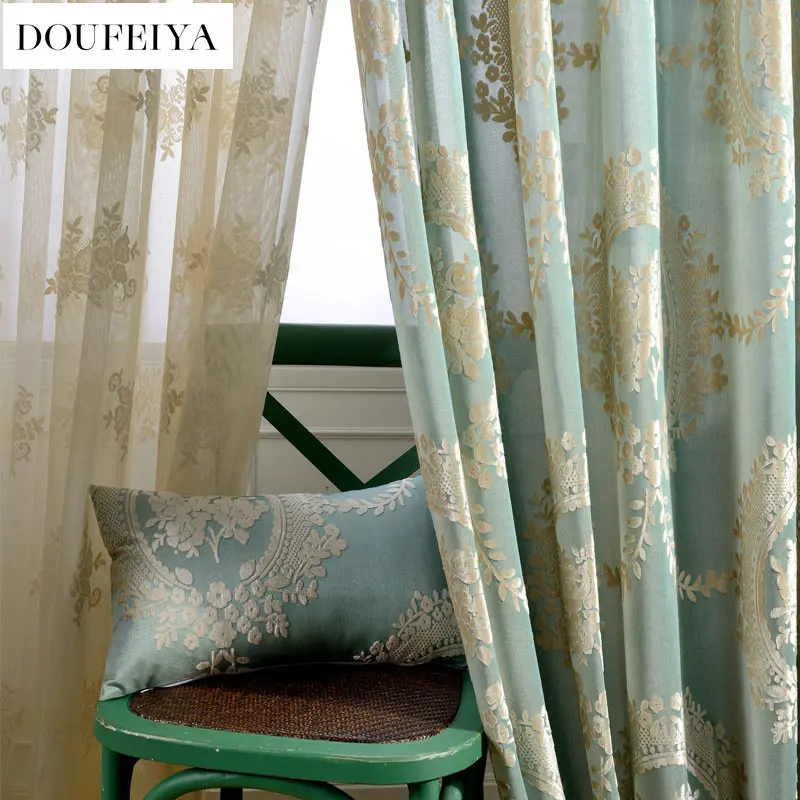 

European Damask Jacquard Green Curtains for Living Room Luxury Drapes Shiny Velvet Curtain for Bedroom Window Decoration