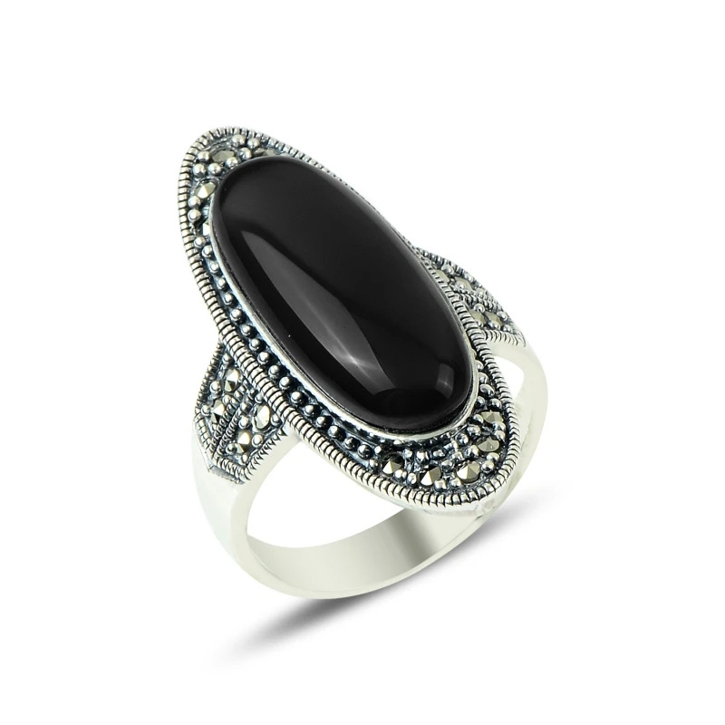 

Silver 925 Sterling Marcasite & Onyx Gemstone Ring