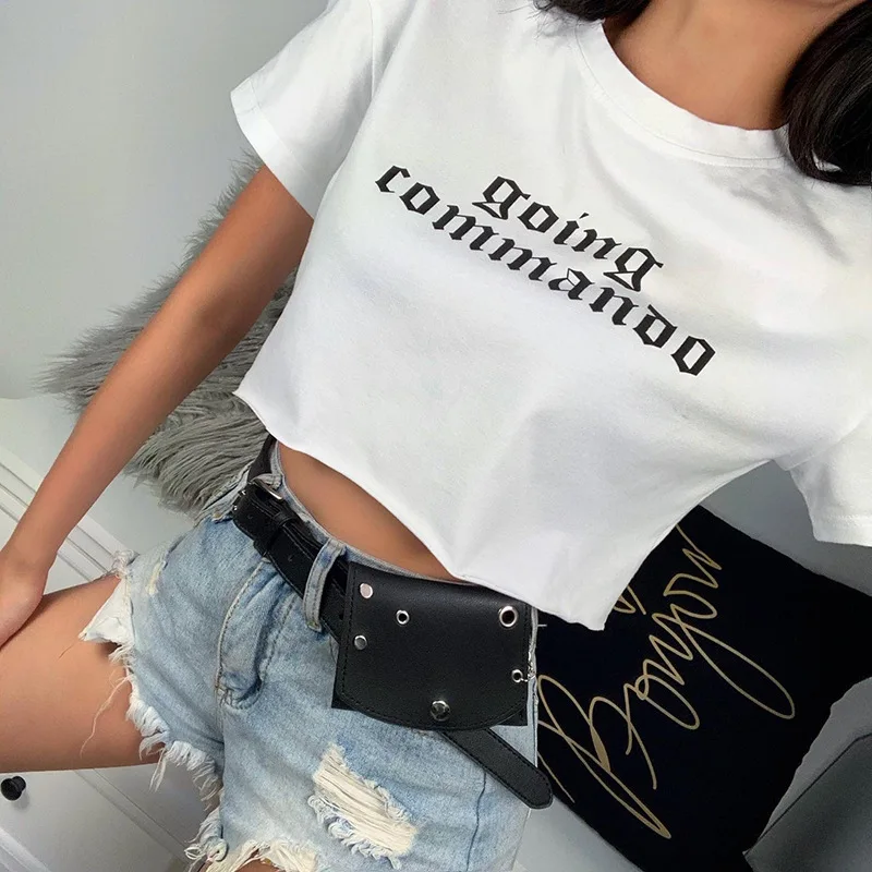 

Women's Letter Printed Short-sleeved T-shirt Temperament Summer New All-match White Round Neck Cropped Navel Short Top for Women