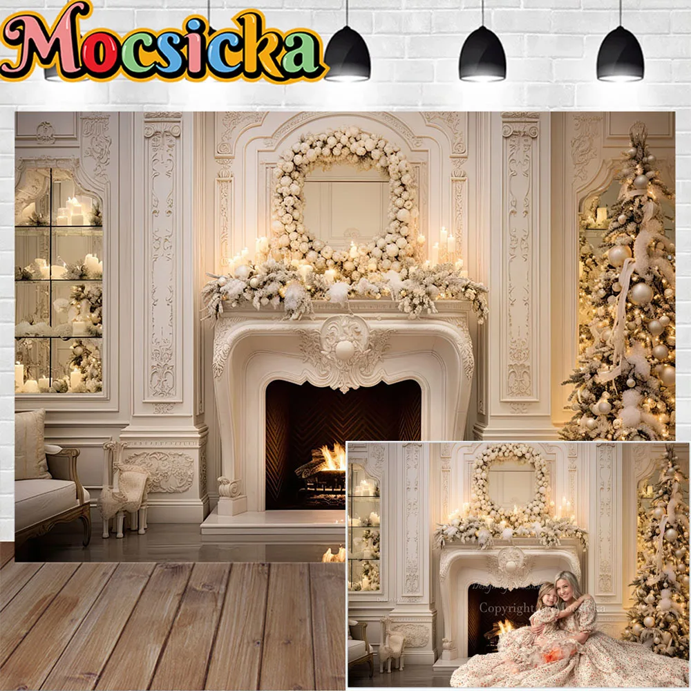 

Retro White Christmas Fireplace Background Home Decoration Shiny Xmas Tree Candle Light Backdrop Family Kids Photo Studio Props