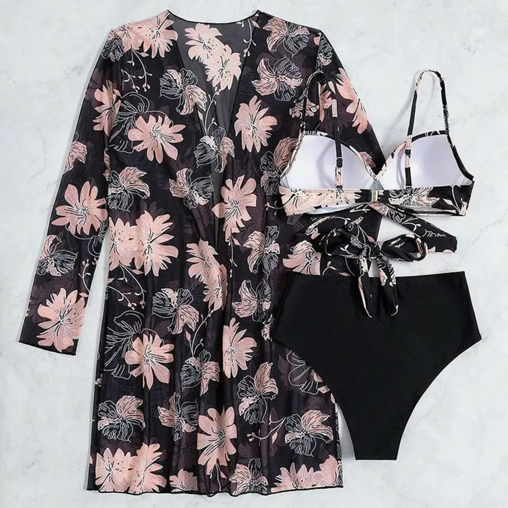 

Комплект бикини с регулируемыми бретелями, привлекательная эластичная накидка с цветочным принтом, бюстгальтер, трусы, Кардиган с длинным рукавом, 3 шт./комплект