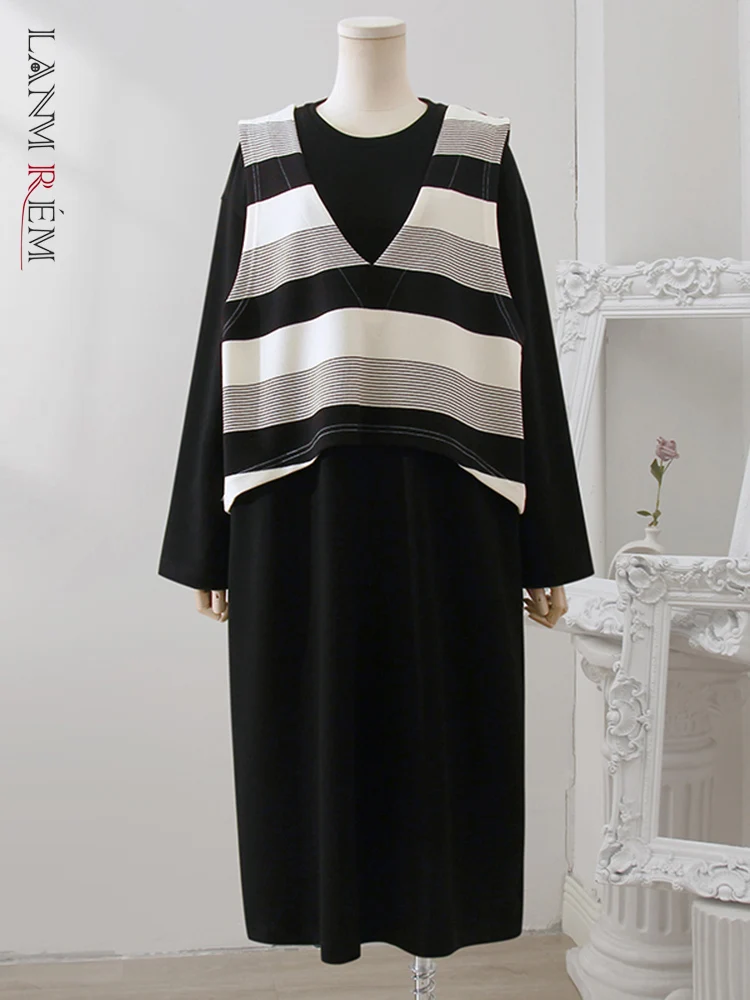 

LANMREM Korean 2 Pieces Set For Women Contrast Color Striped V-neck Sleeveless Tops Long Sleeves Casual Dresses 2023 New 32D278