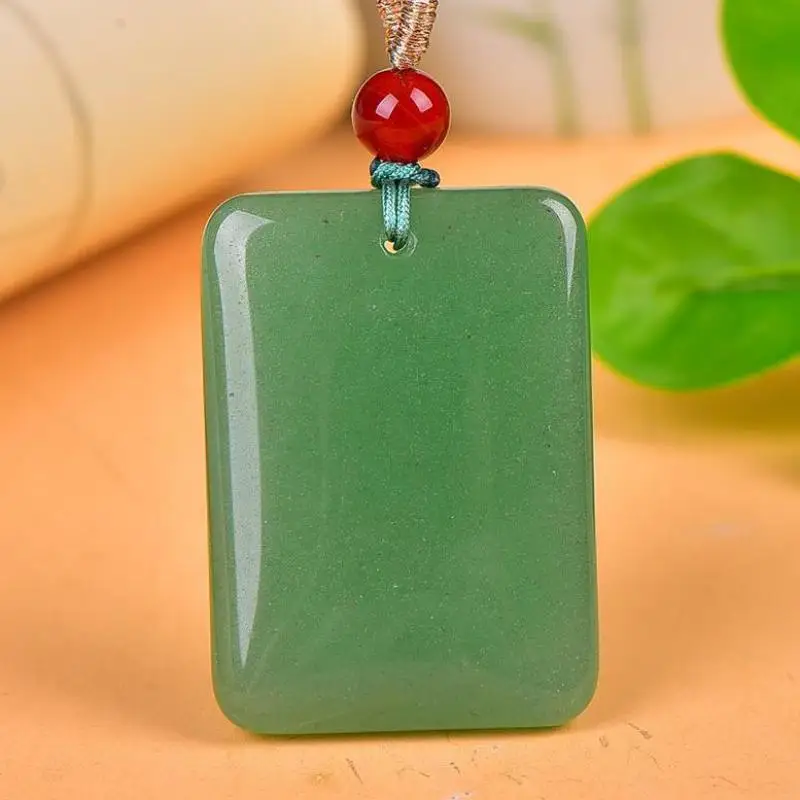 

25*35mm Green Jade Rectangular Pendant With Rope Chain Charms Necklace Men Women Fine Jewelry Dongling Jades Lucky Charms Amulet