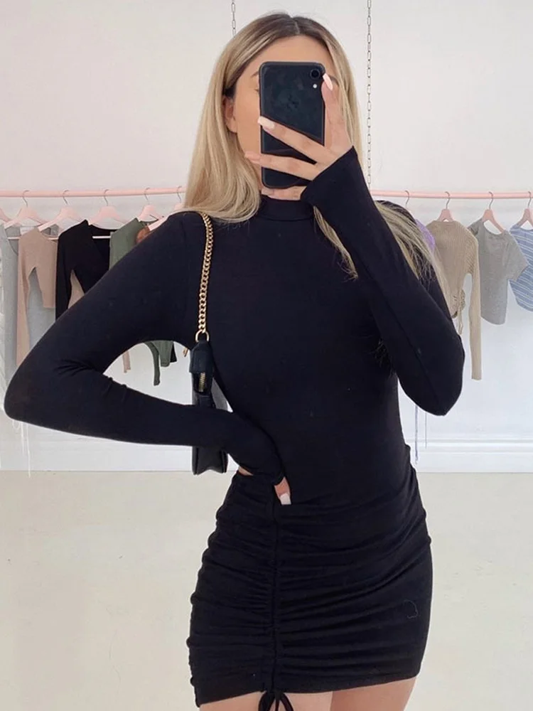 

YIKUO Long Sleeve Ruched Bodycon Dress Women Turtleneck Bandage Mini Dresses Autumn Black Skinny Stretchy Party Vestidos