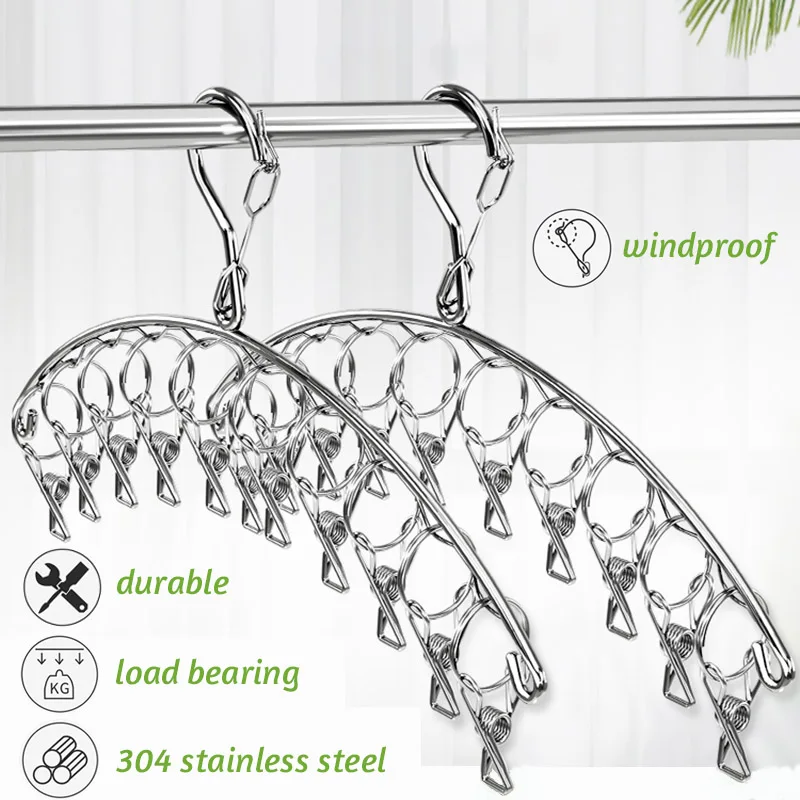 20Pegs Stainless Steel Clothes Drying Hanger Windproof Clothing Rack 20 Clips Sock Laundry Airer Hanger Underwear Socks Holder