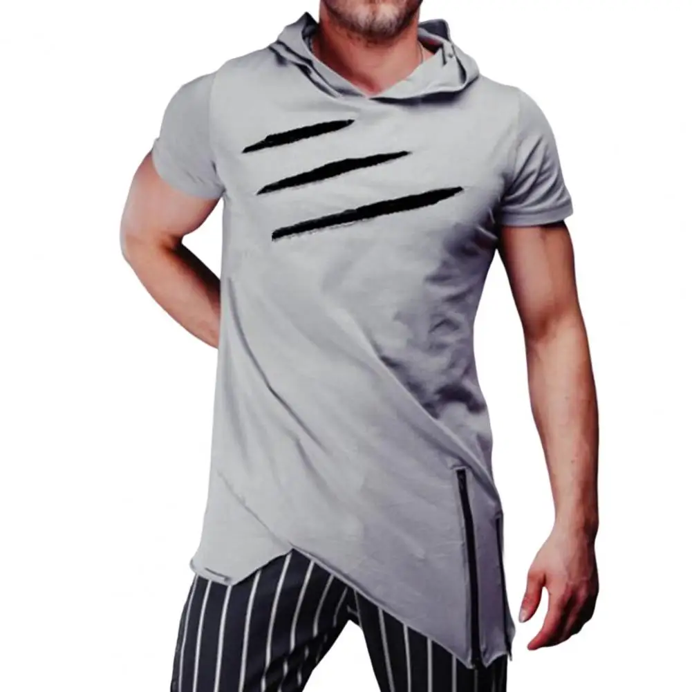 

New Fashion Ribbed Zipper Hooded T-shirts 3 Lines Print Hooded Summer Loose Irregular Hooded Sweatshirts Top for Male camisetas