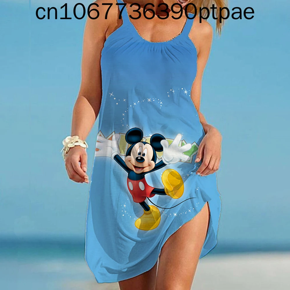 

Disney Minnie Mickey Mouse Women Dresses 3D Dye Print Fashion Sleeveless Summer Halter Casual Sexy Dress Loose Kawaii Dress A01