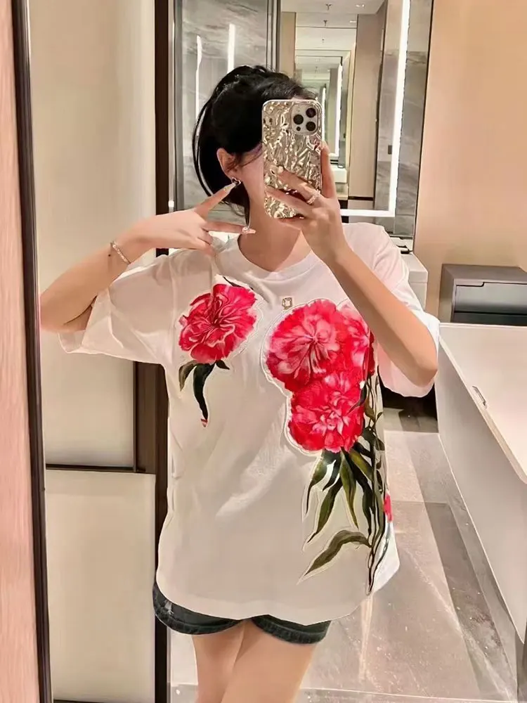 

Designer vintage print hot drill letter crewneck pullover T-shirt Ladies 2023 new fashion lace embroidery all-match loose top
