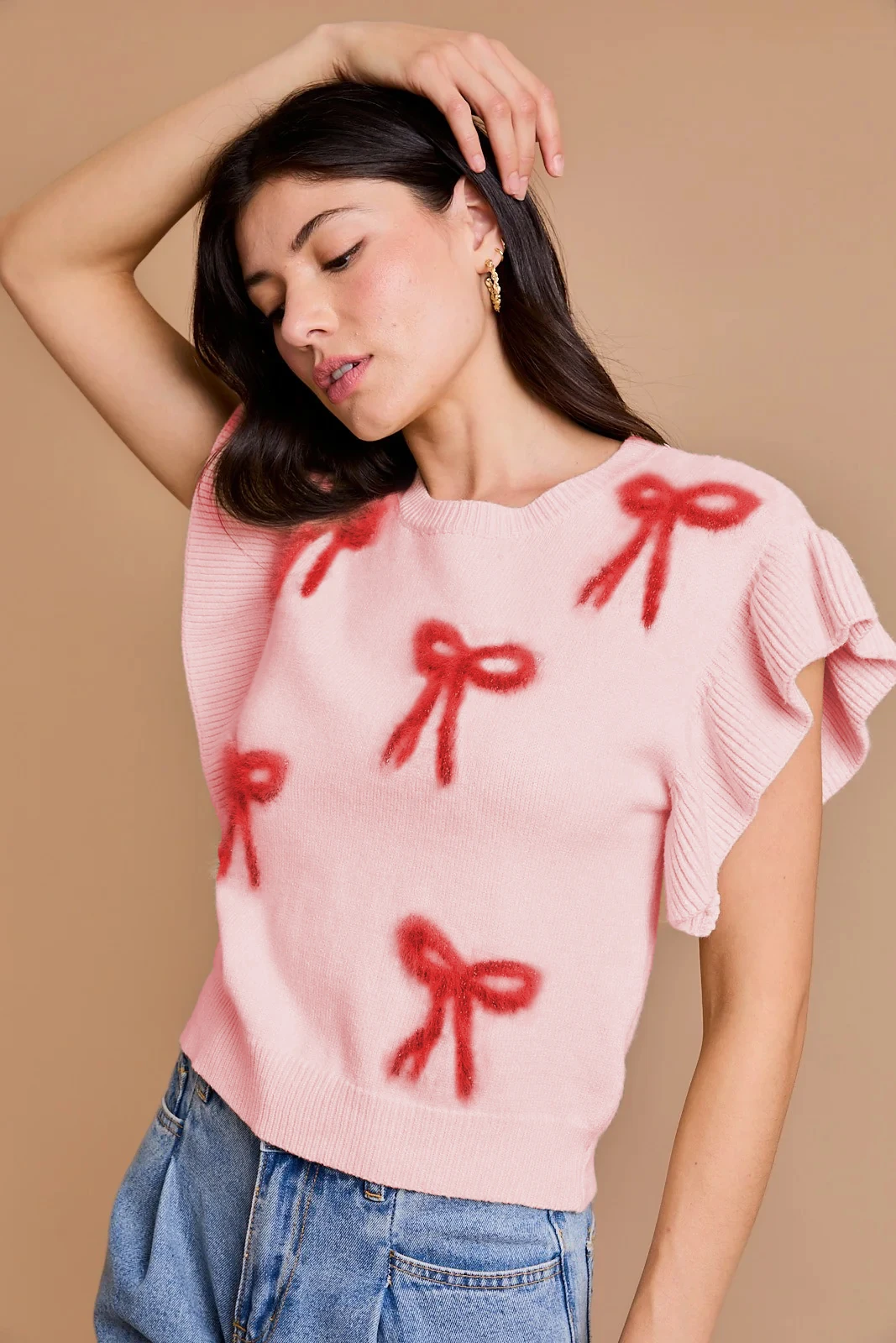 Женские весенне-осенние вязаные свитера с рюшами на рукавах и круглым вырезом