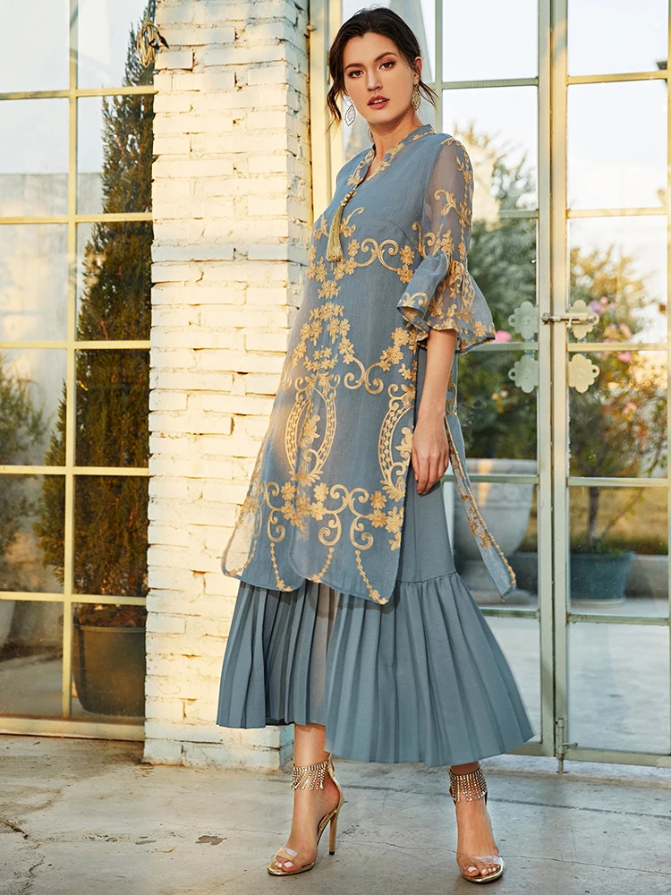 

TOLEEN Spring Solid Blue Festival Dress With Luxury Printing And Tassel 2022 Elegant Lady Summer Draped Outfits Evening Clothing