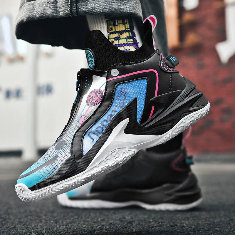 Size 36-45 Spring Blue Sock Men's Basketball Sneakers Chunky Professional Training Shoes Women High Zip Sport Shoes Man basket