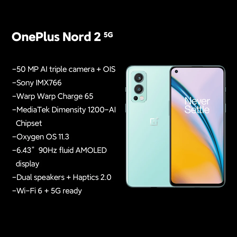 Najtaniej Wersja Globalna OnePlus Nord 2 5G Smartphone 8GB + 128GB/12GB + 256GB Kamera 50MP MTk Dimensity 1200-AI Warp Charge 65 NFC AMOLED