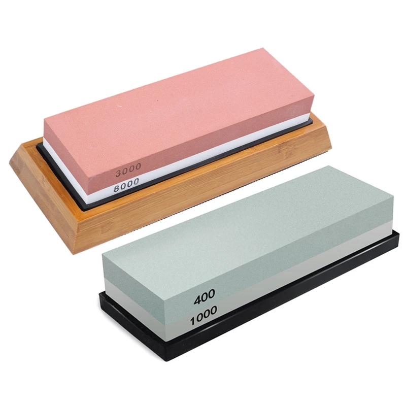 

2 Set Sided Whetstone Set:1 Set 3000 And 8000 Grit For Knives With Non-Slip Bamboo Base And Free Angle Guide & 1 Set 400/1000 Gr