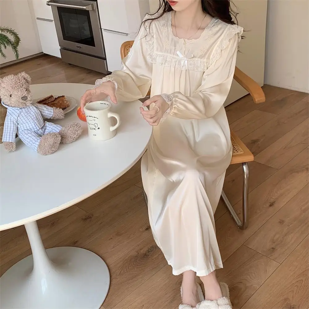 Satin Square Collar Autumn Nightgown Women Lace Patchwork Long Sleepwear Loose Casual Sweet Night Dress Floral Embroidery