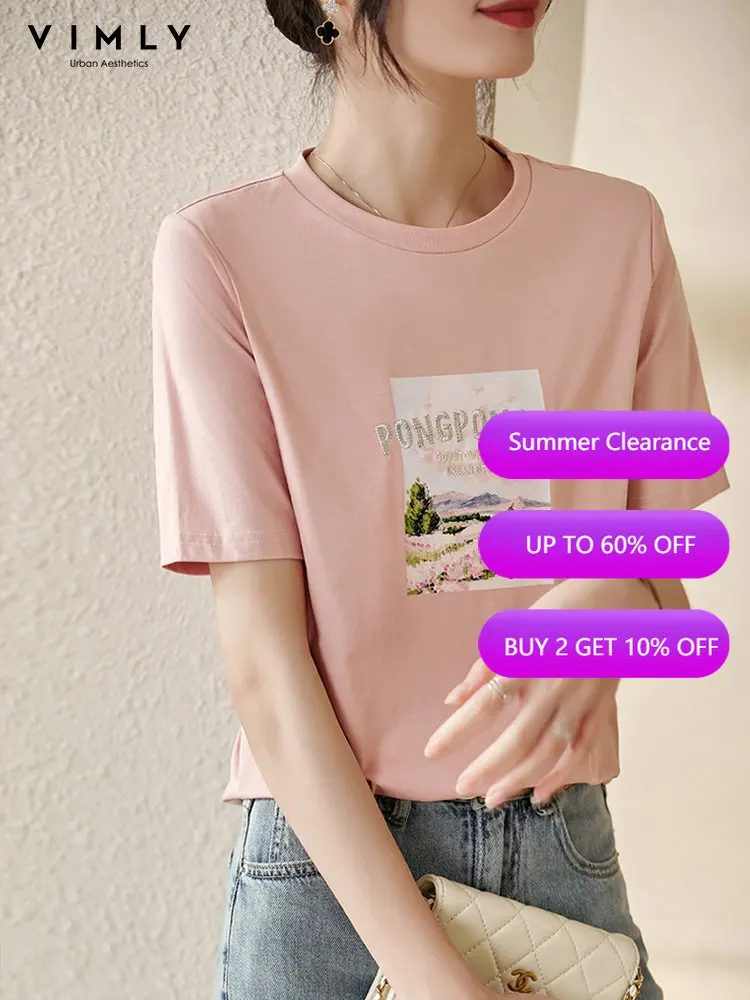 

VIMLY Summer T-shirt for Women 2022 Straight Casual O-neck Cotton Short Sleeve Scenery Pattern Tops Korean Female Clothing V2900