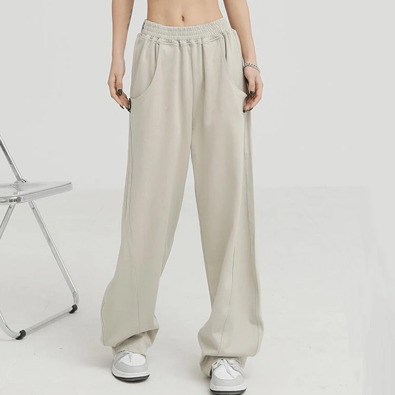 

Брюки женские эластичные с высокой талией, повседневные мешковатые штаны с широкими штанинами, модные прямые в стиле хип-хоп, с карманами, абрикосового цвета, на весну