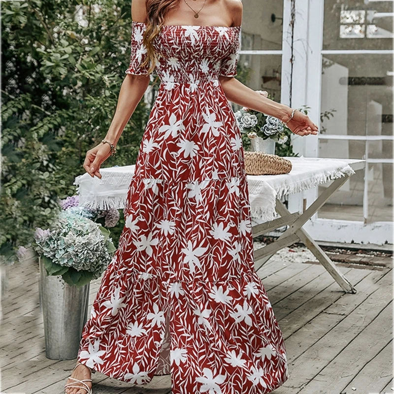 

Women Summer Short Sleeve Sexy Off Shoulder Split Maxi Long Dress Boho Floral Print Shirred Ruffle Hem A-Line Sundress