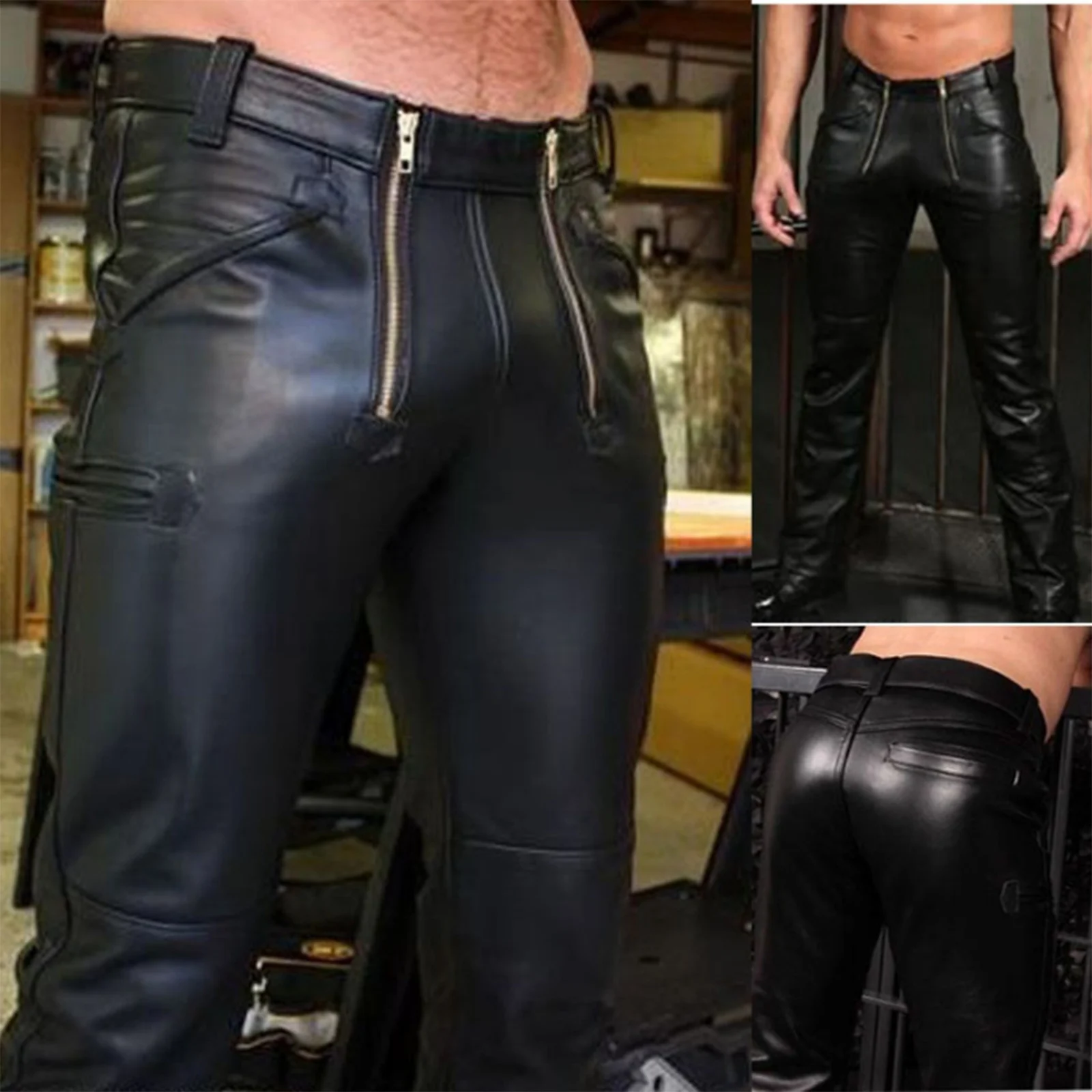

Size Leather Men's Large Pants Casual Fashion Leather Zipper Trousers Pants Indoor Outdoor Business Casual Trousers for Men