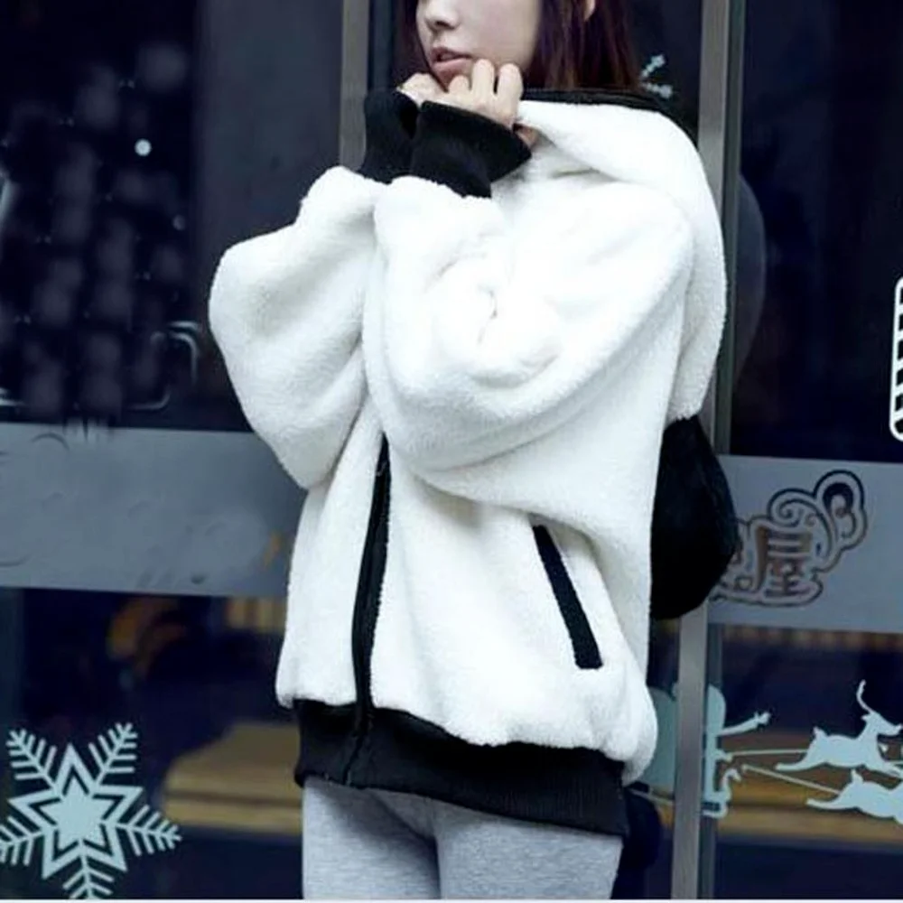

Cute Winter Women Hoodies Zipper Hooded Panda Plush Jackets Warm Pocket Fashion Female Overcoat