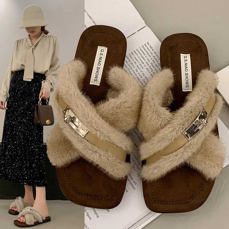 Шерстяные тапочки на толстой подошве с корейским дизайном женской обуви. Зимние
