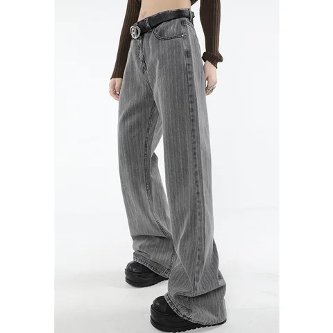 Vintage Grey Micro Flare Women's Jeans American Streetwear Y2K Straight  High Waisted Jeans Pants Female Wide Leg Denim Trouser