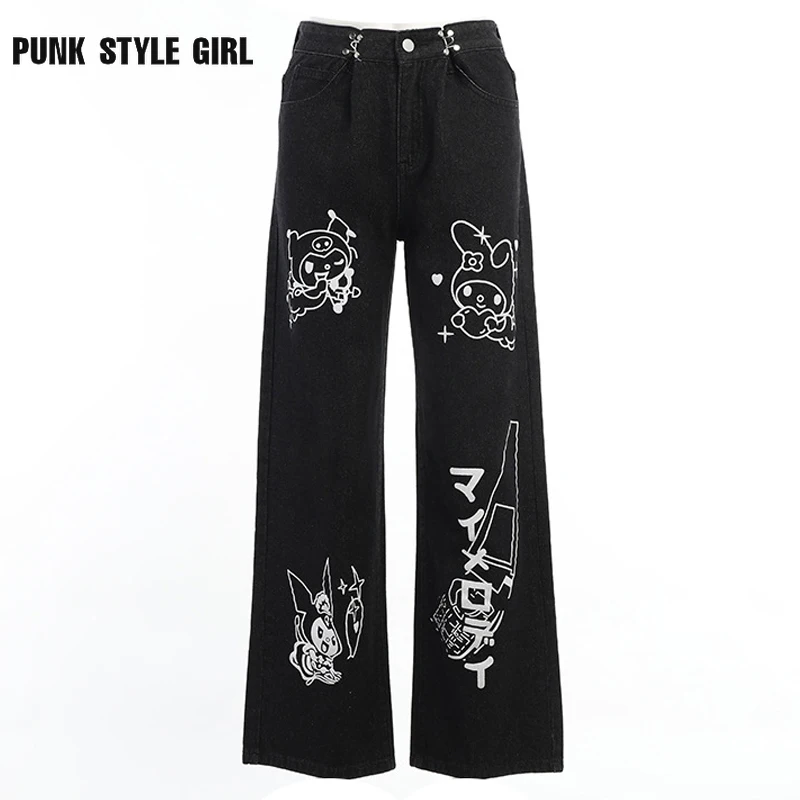 

Cartoon Print Jeans Egirl Teen Kawaii Casual Black Cargo Trouser Fairycore 2000s Cute Anime Trousers High Waist Y2k Cyber Jogger