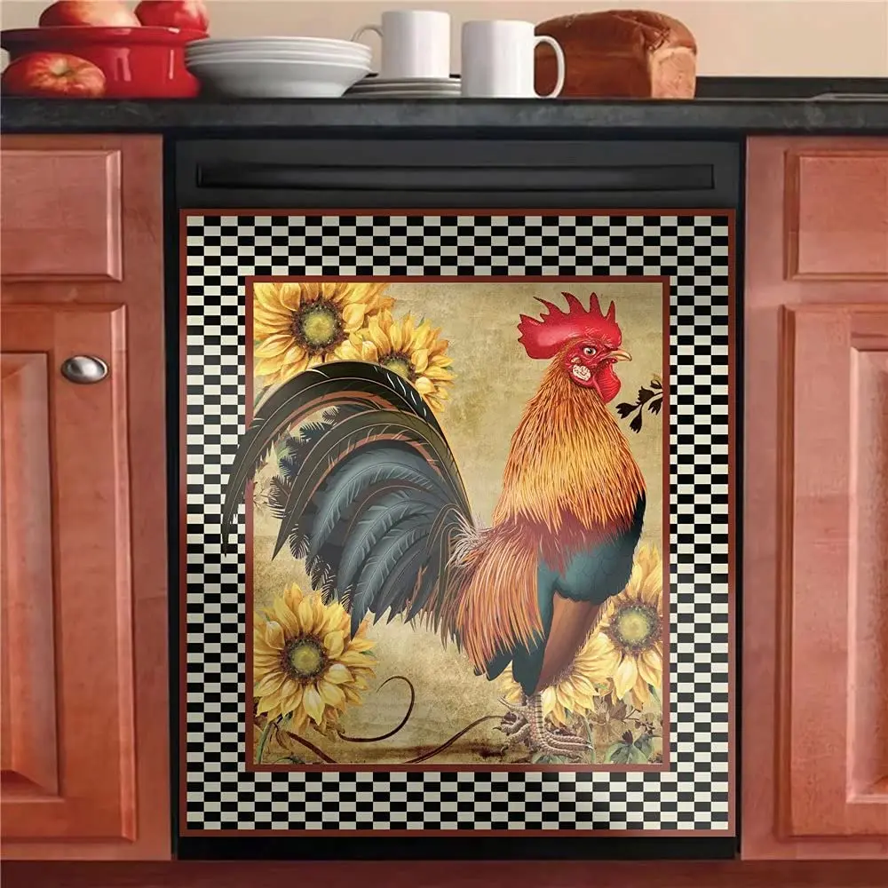 

Rooster Dishwasher Cover, Sunflower Chicken Kitchen Dish Washer Stickers, Country Chicken Fridge Decorative Sticker Cover
